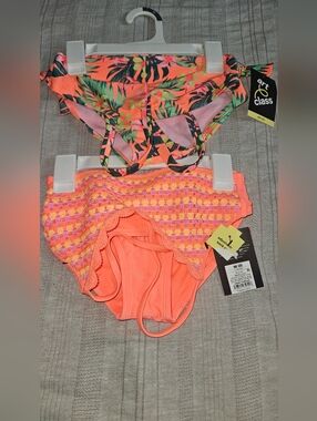 (( 2 SETS) Art Class Girls Pink Green Tropical Palm Bikini Set Size M (8 )